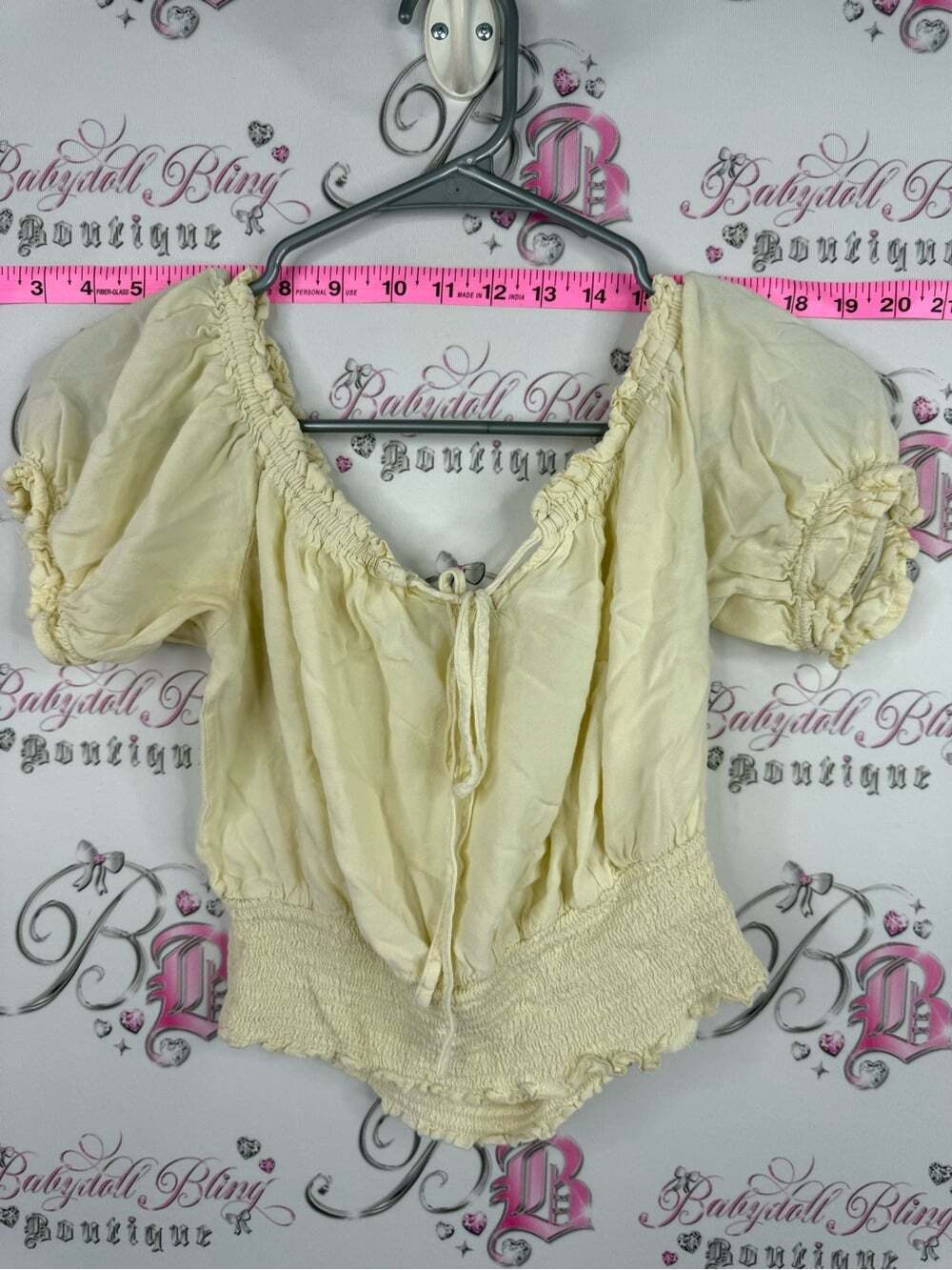 MARISA ATTITUDE milkmaid butter yellow Cream Smocked Peasant Tie-Front Top